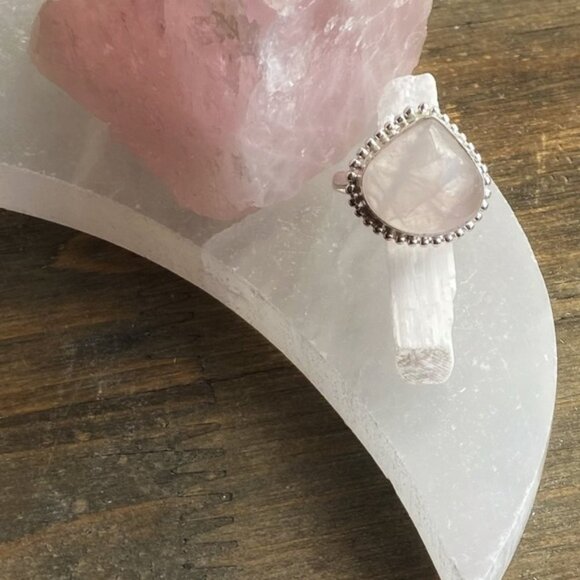 PINK QUARTZ DROP BIG SILVER STATEMENT RING - Picture 2 of 11
